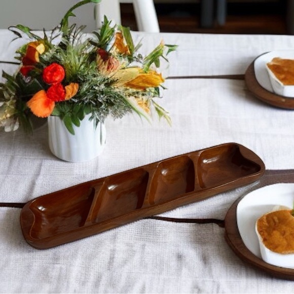 Vintage Hand Carved Four Compartment Mahogany Wood Tray Condiment Serving Tray
